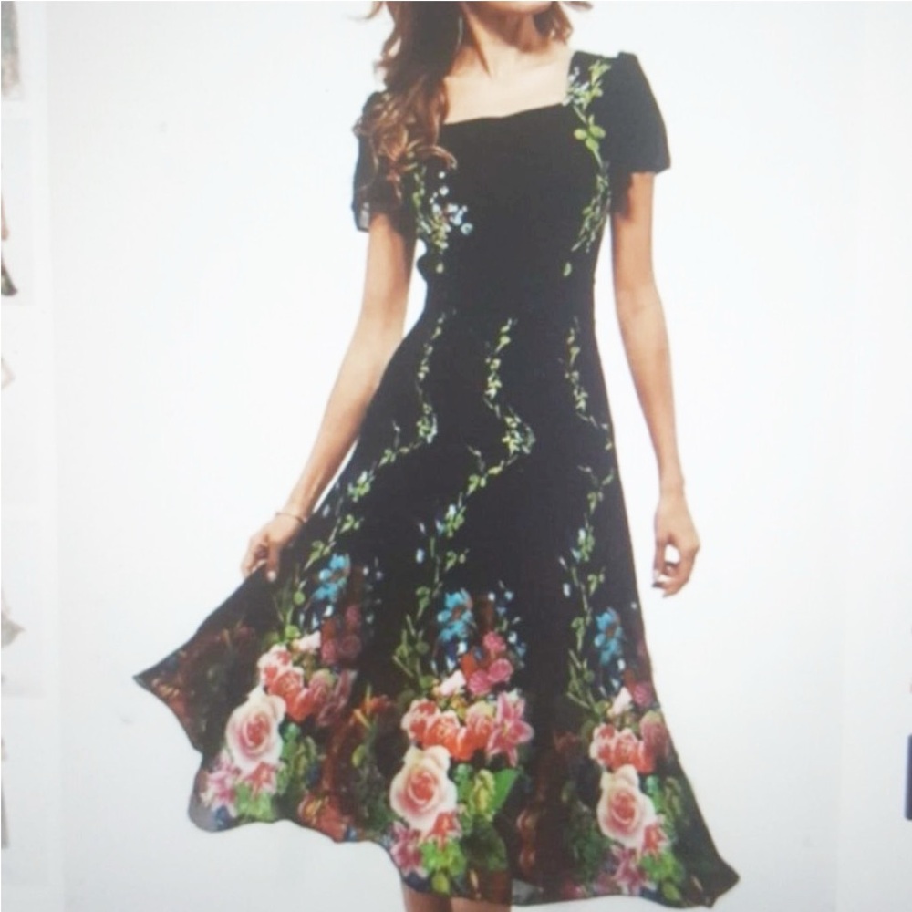 FLORYDAY MultiColor Floral & vines square cap sleeve tea length dress SZ: Medium - Picture 12 of 12